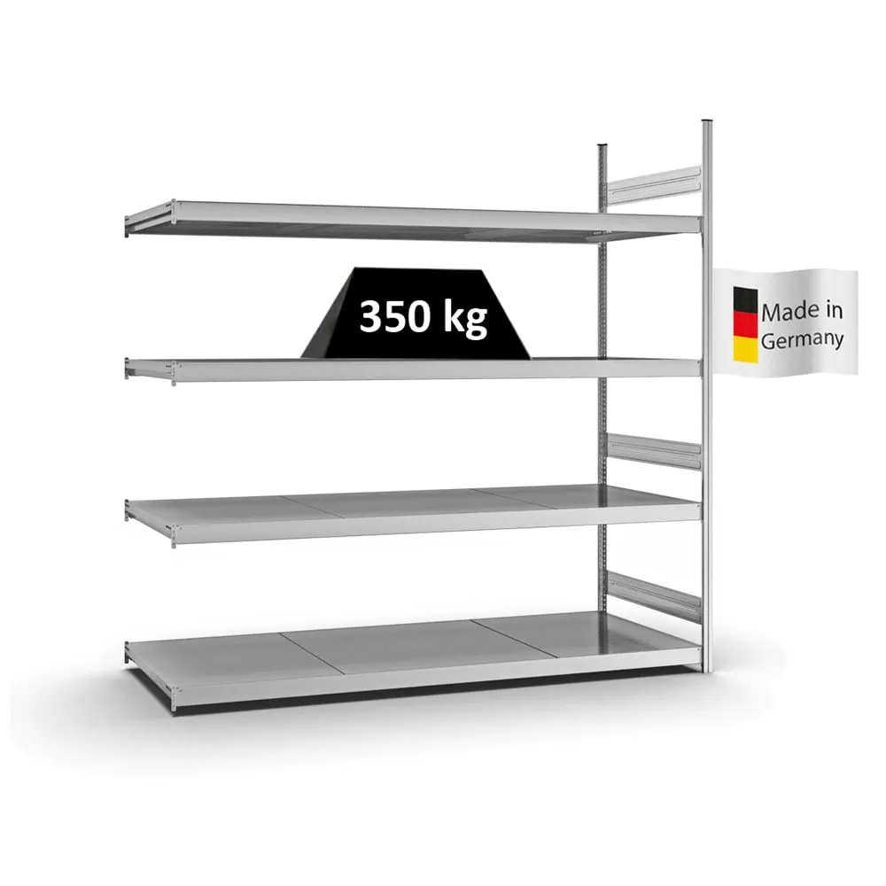 Weitspannregal Stecksystem T-Profil | Anbauregal | HxBxT 250x250x80cm | 4 Ebenen | Stahlplatten-Fachboden | Fachlast 350kg | Verzinkt