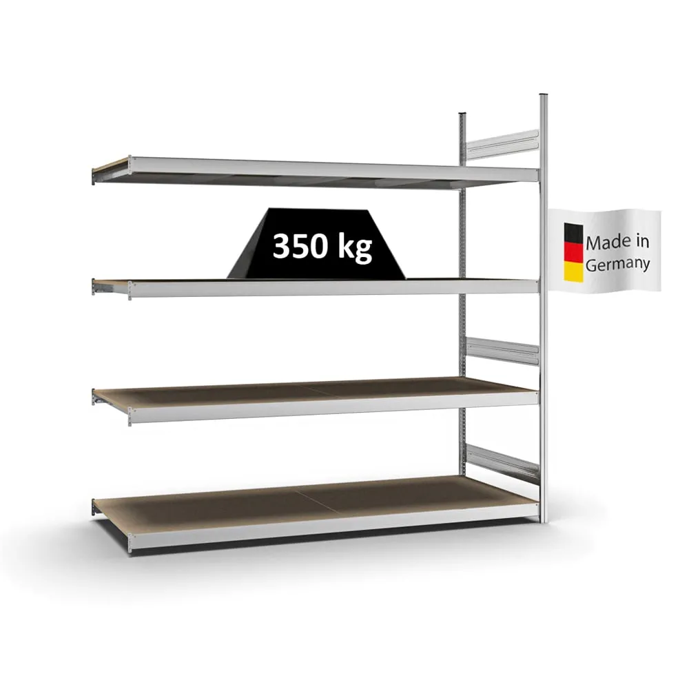 Weitspannregal Stecksystem T-Profil | Anbauregal | HxBxT 250x250x80cm | 4 Ebenen | Spanplatten-Fachboden | Fachlast 350kg | Verzinkt