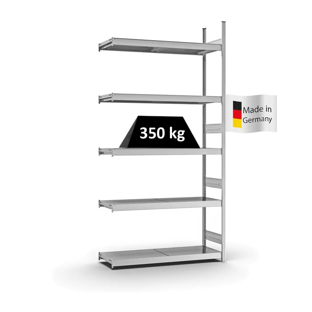 Weitspannregal Stecksystem T-Profil | Anbauregal | HxBxT 300x150x40cm | 5 Ebenen | Stahlplatten-Fachboden | Fachlast 350kg | Verzinkt