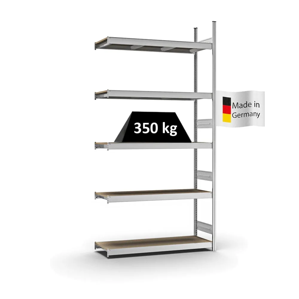 Weitspannregal Stecksystem T-Profil | Anbauregal | HxBxT 300x150x40cm | 5 Ebenen | Spanplatten-Fachboden | Fachlast 350kg | Verzinkt