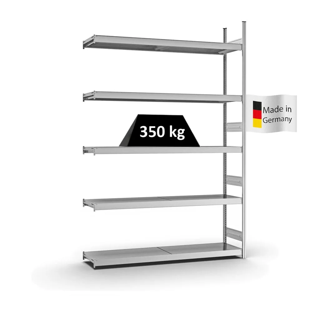 Weitspannregal Stecksystem T-Profil | Anbauregal | HxBxT 300x200x40cm | 5 Ebenen | Stahlplatten-Fachboden | Fachlast 350kg | Verzinkt