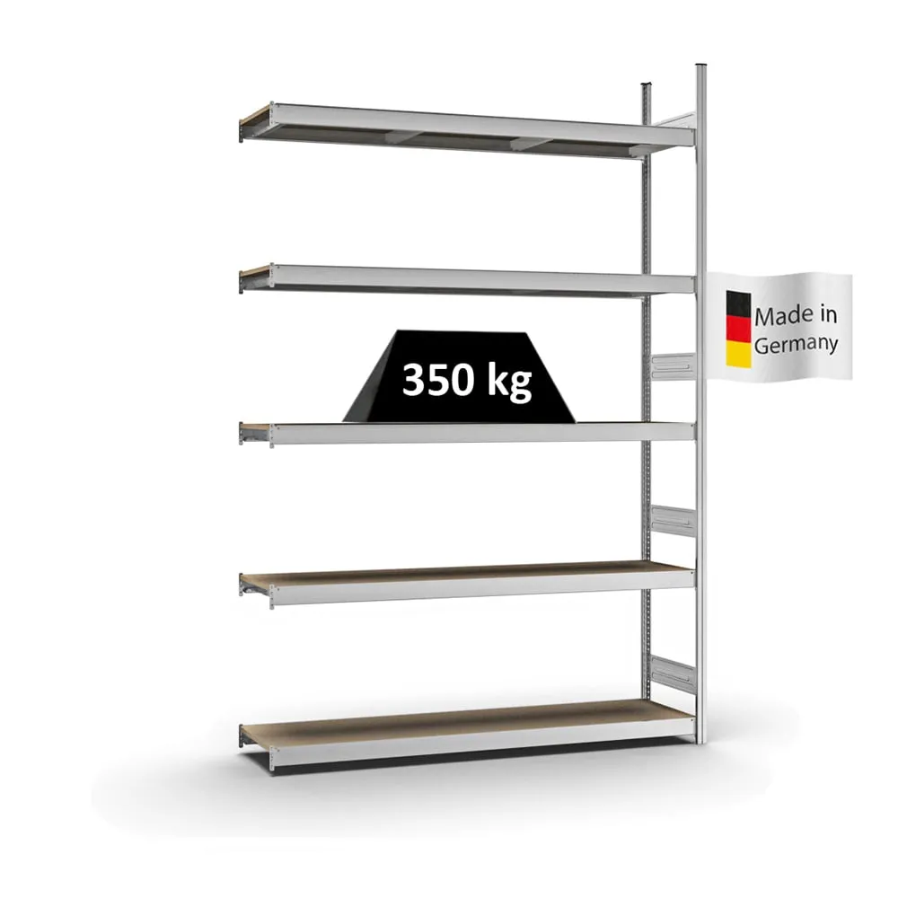 Weitspannregal Stecksystem T-Profil | Anbauregal | HxBxT 300x200x40cm | 5 Ebenen | Spanplatten-Fachboden | Fachlast 350kg | Verzinkt