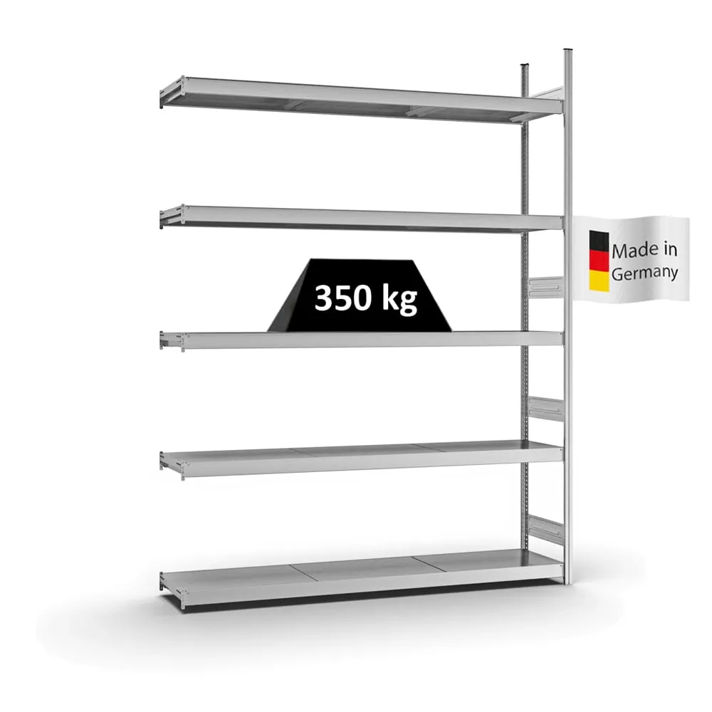 Weitspannregal Stecksystem T-Profil | Anbauregal | HxBxT 300x225x40cm | 5 Ebenen | Stahlplatten-Fachboden | Fachlast 350kg | Verzinkt
