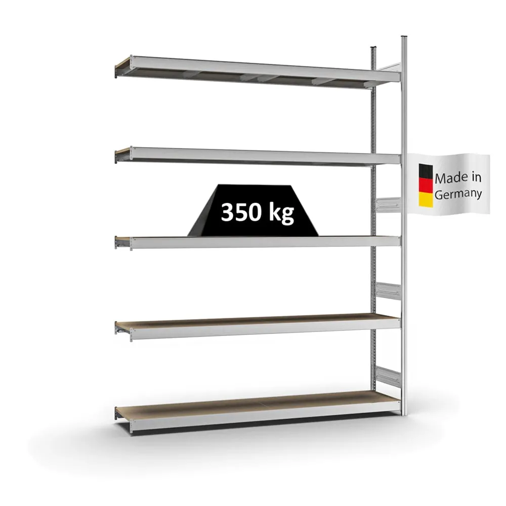 Weitspannregal Stecksystem T-Profil | Anbauregal | HxBxT 300x225x40cm | 5 Ebenen | Spanplatten-Fachboden | Fachlast 350kg | Verzinkt