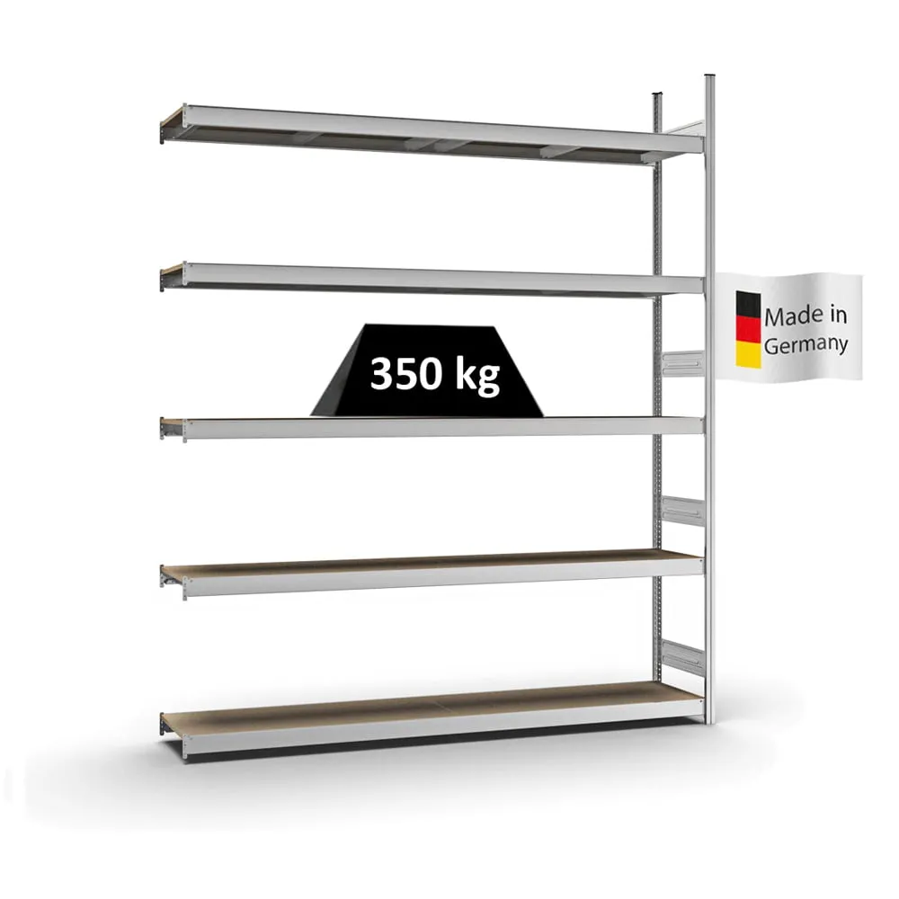 Weitspannregal Stecksystem T-Profil | Anbauregal | HxBxT 300x250x40cm | 5 Ebenen | Spanplatten-Fachboden | Fachlast 350kg | Verzinkt