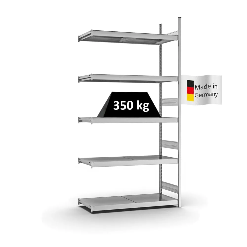 Weitspannregal Stecksystem T-Profil | Anbauregal | HxBxT 300x150x50cm | 5 Ebenen | Stahlplatten-Fachboden | Fachlast 350kg | Verzinkt