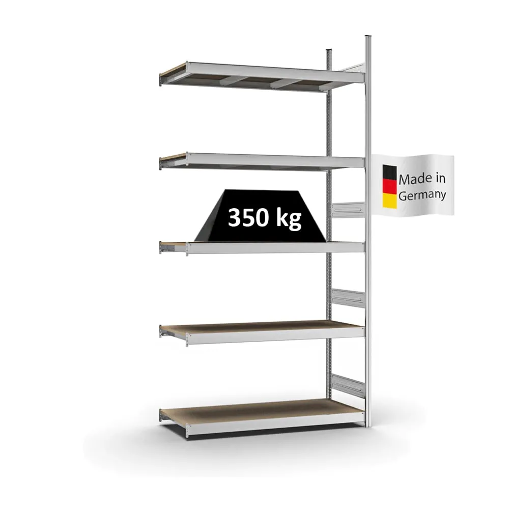 Weitspannregal Stecksystem T-Profil | Anbauregal | HxBxT 300x150x50cm | 5 Ebenen | Spanplatten-Fachboden | Fachlast 350kg | Verzinkt