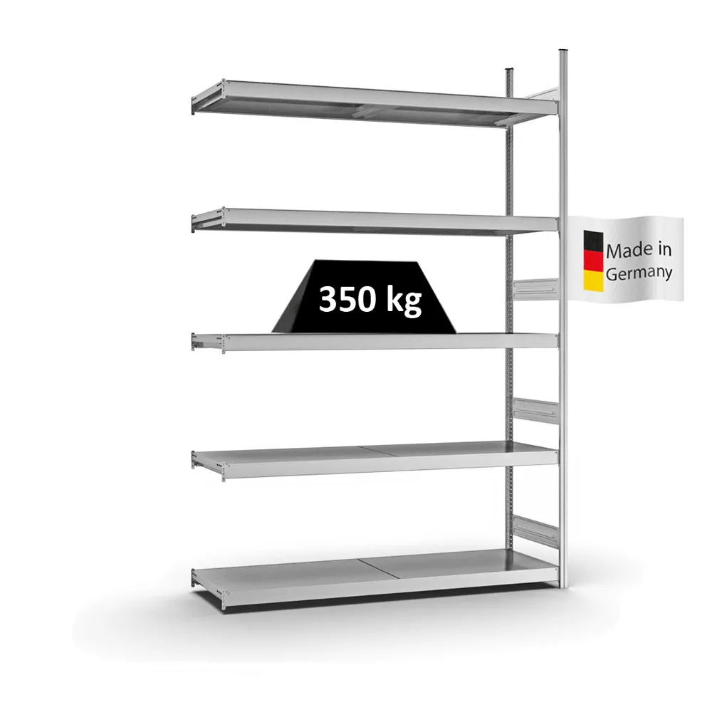 Weitspannregal Stecksystem T-Profil | Anbauregal | HxBxT 300x200x50cm | 5 Ebenen | Stahlplatten-Fachboden | Fachlast 350kg | Verzinkt