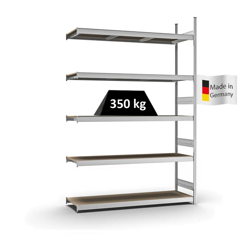 Weitspannregal Stecksystem T-Profil | Anbauregal | HxBxT 300x200x50cm | 5 Ebenen | Spanplatten-Fachboden | Fachlast 350kg | Verzinkt