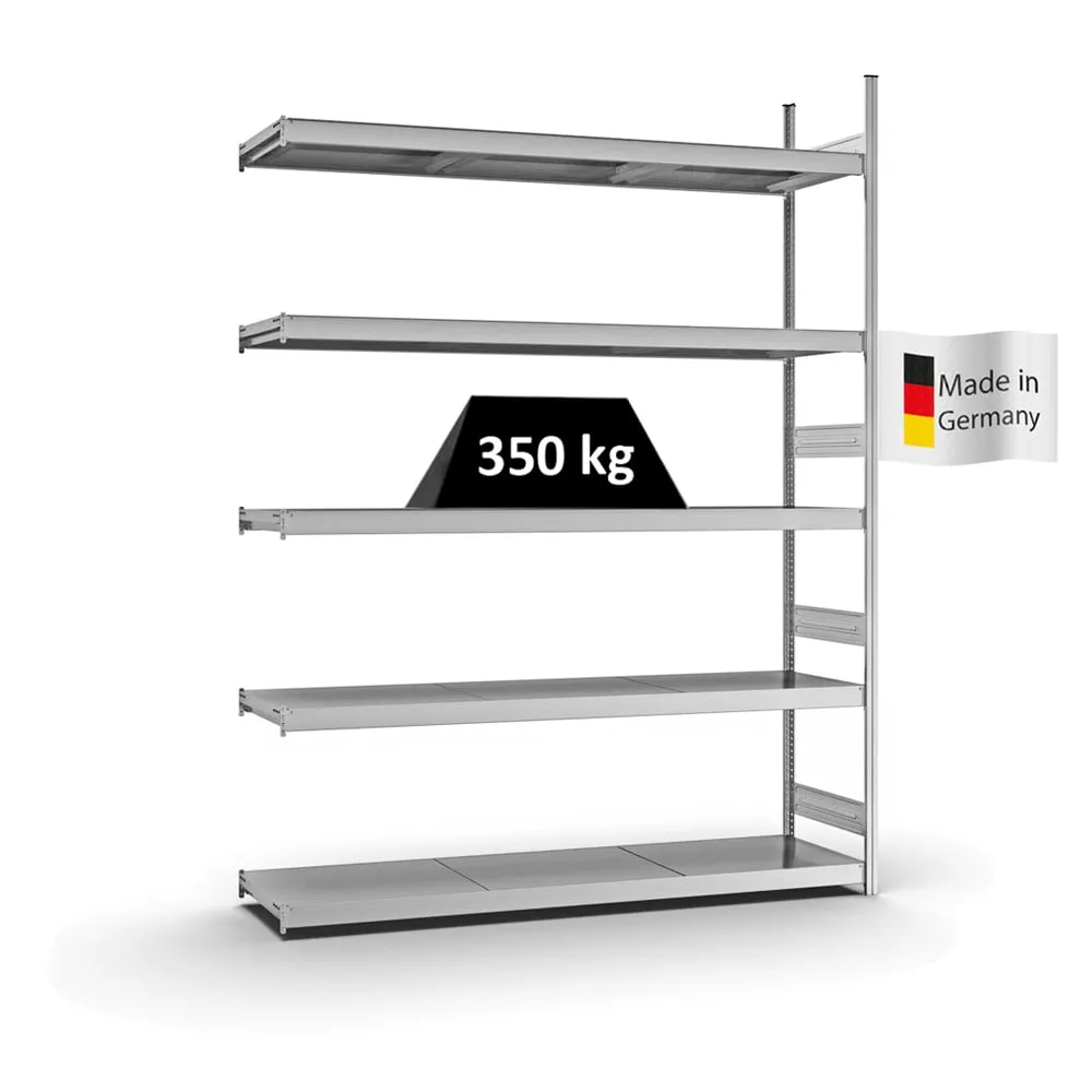 Weitspannregal Stecksystem T-Profil | Anbauregal | HxBxT 300x225x50cm | 5 Ebenen | Stahlplatten-Fachboden | Fachlast 350kg | Verzinkt