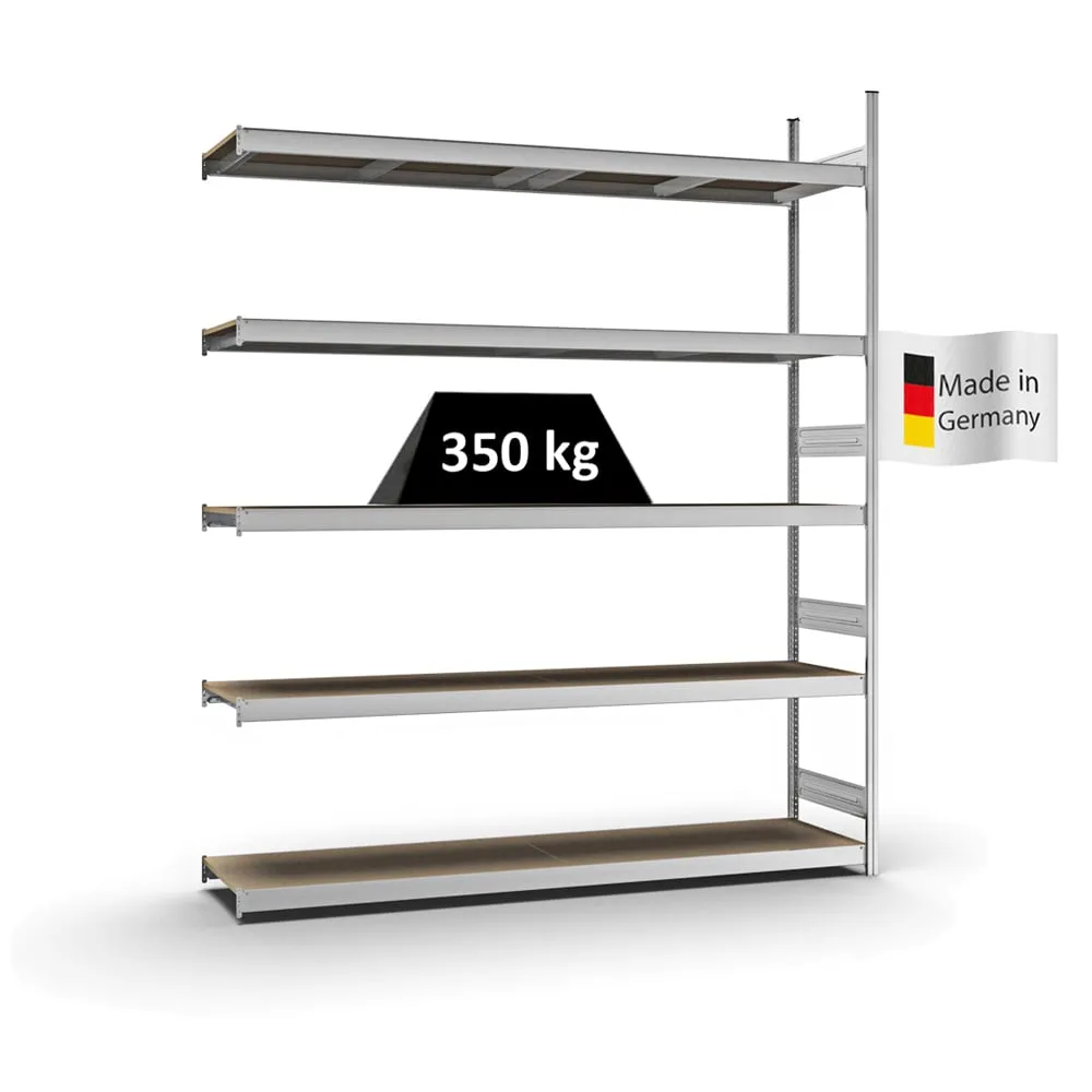 Weitspannregal Stecksystem T-Profil | Anbauregal | HxBxT 300x250x50cm | 5 Ebenen | Spanplatten-Fachboden | Fachlast 350kg | Verzinkt