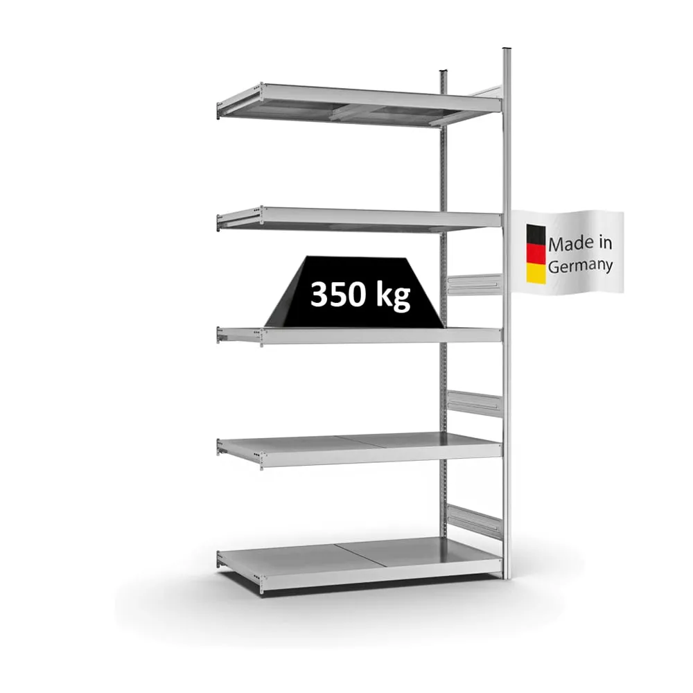 Weitspannregal Stecksystem T-Profil | Anbauregal | HxBxT 300x150x60cm | 5 Ebenen | Stahlplatten-Fachboden | Fachlast 350kg | Verzinkt