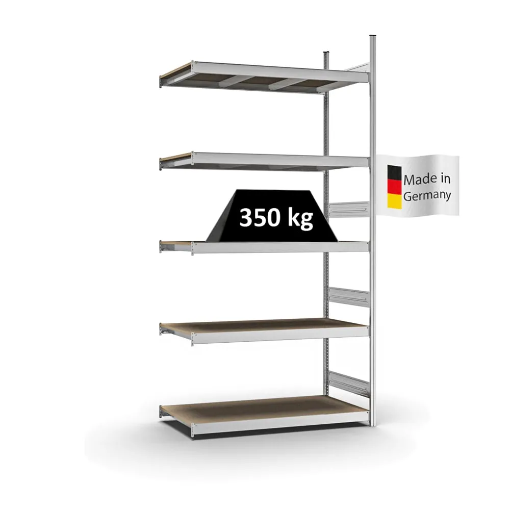 Weitspannregal Stecksystem T-Profil | Anbauregal | HxBxT 300x150x60cm | 5 Ebenen | Spanplatten-Fachboden | Fachlast 350kg | Verzinkt