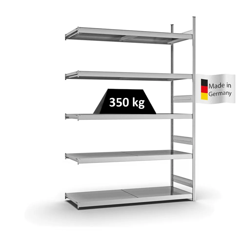 Weitspannregal Stecksystem T-Profil | Anbauregal | HxBxT 300x200x60cm | 5 Ebenen | Stahlplatten-Fachboden | Fachlast 350kg | Verzinkt