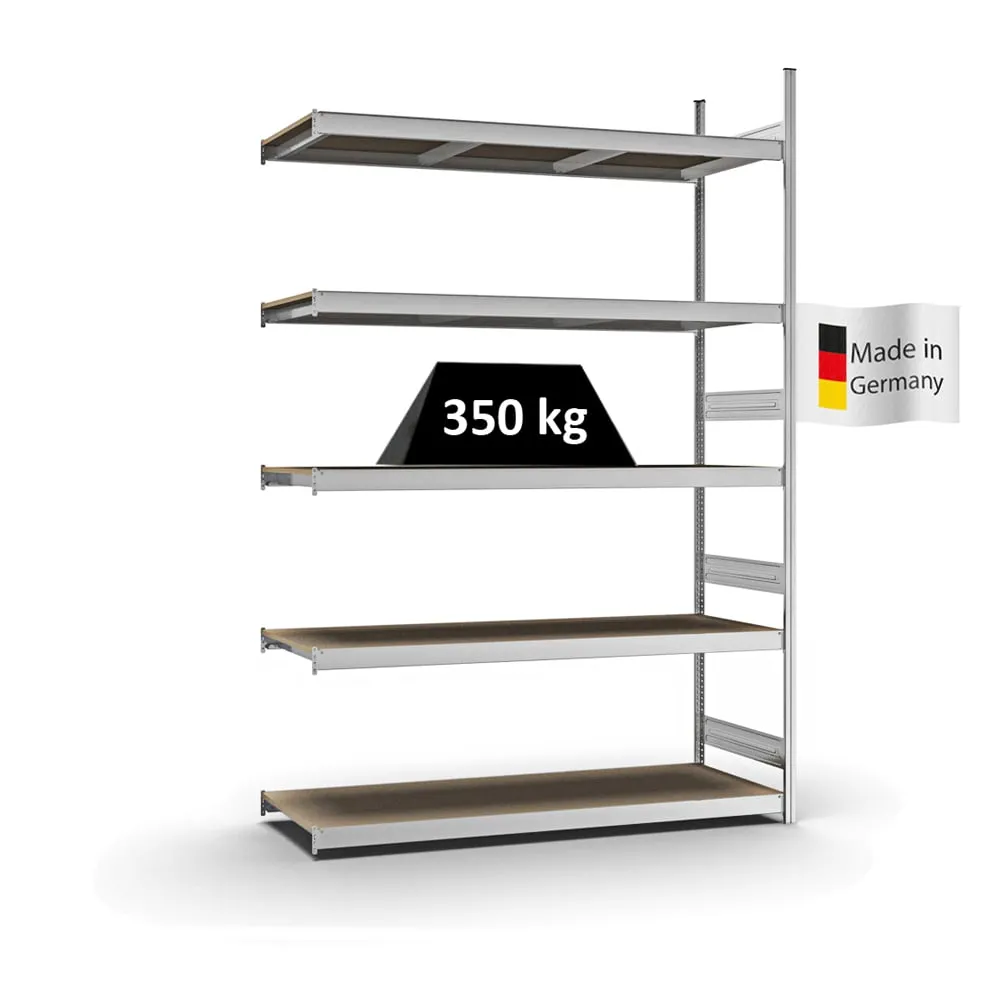 Weitspannregal Stecksystem T-Profil | Anbauregal | HxBxT 300x200x60cm | 5 Ebenen | Spanplatten-Fachboden | Fachlast 350kg | Verzinkt