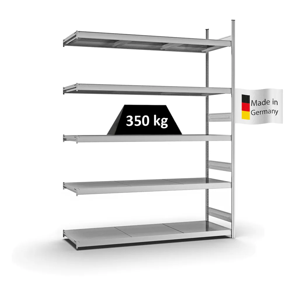 Weitspannregal Stecksystem T-Profil | Anbauregal | HxBxT 300x225x60cm | 5 Ebenen | Stahlplatten-Fachboden | Fachlast 350kg | Verzinkt