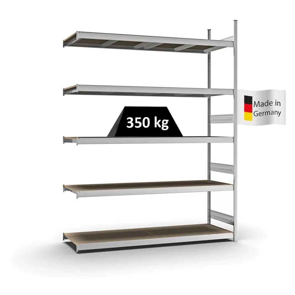 Weitspannregal Stecksystem T-Profil | Anbauregal | HxBxT 300x225x60cm | 5 Ebenen | Spanplatten-Fachboden | Fachlast 350kg | Verzinkt