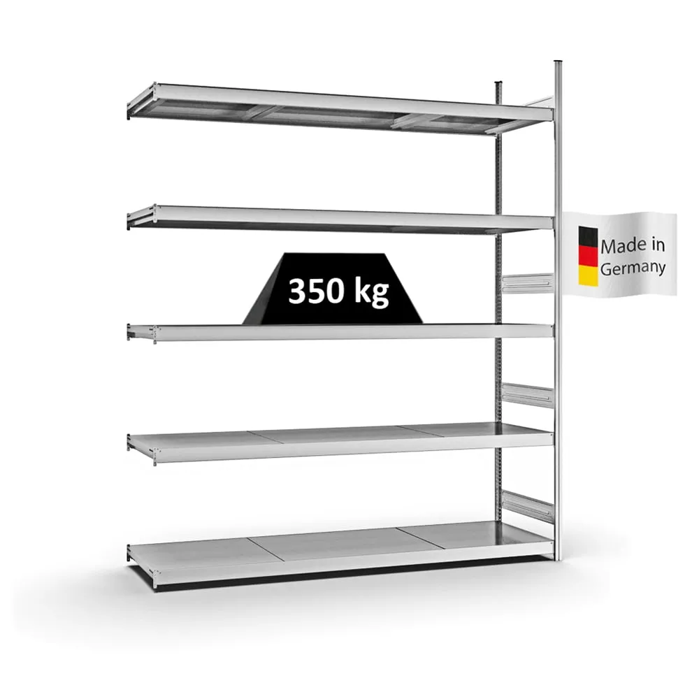 Weitspannregal Stecksystem T-Profil | Anbauregal | HxBxT 300x250x60cm | 5 Ebenen | Stahlplatten-Fachboden | Fachlast 350kg | Verzinkt
