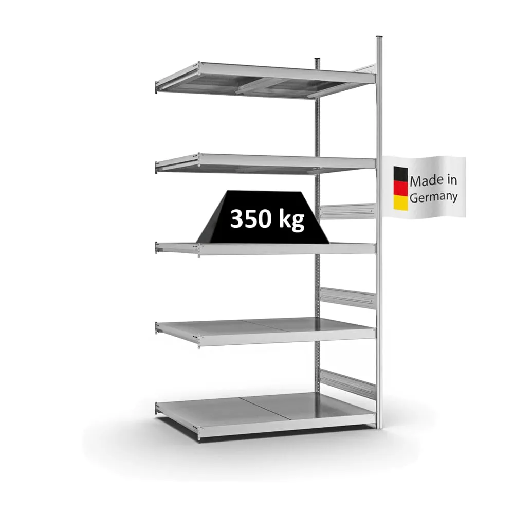 Weitspannregal Stecksystem T-Profil | Anbauregal | HxBxT 300x150x80cm | 5 Ebenen | Stahlplatten-Fachboden | Fachlast 350kg | Verzinkt