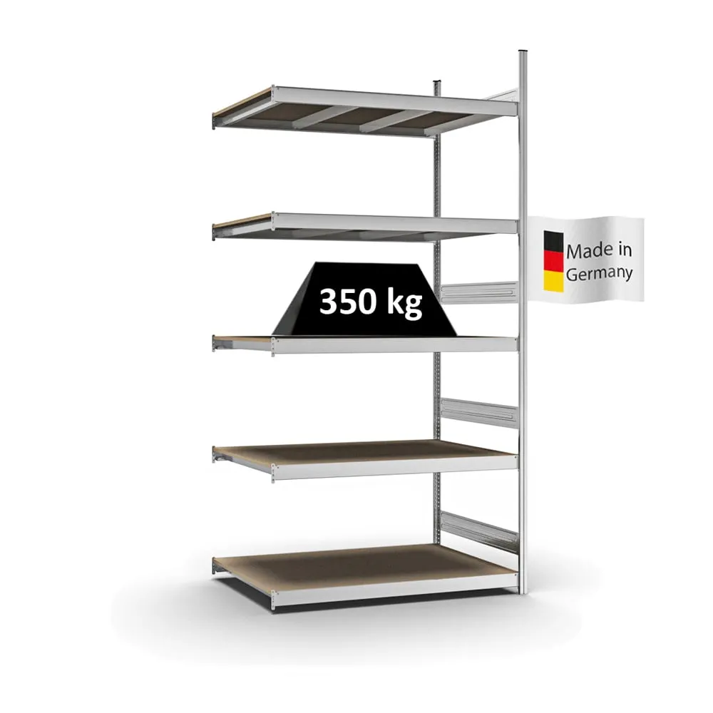 Weitspannregal Stecksystem T-Profil | Anbauregal | HxBxT 300x150x80cm | 5 Ebenen | Spanplatten-Fachboden | Fachlast 350kg | Verzinkt