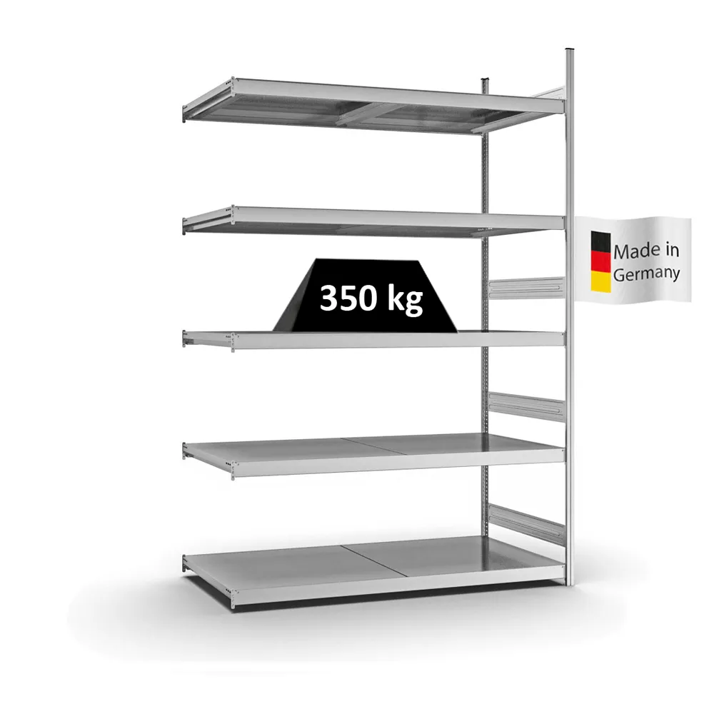 Weitspannregal Stecksystem T-Profil | Anbauregal | HxBxT 300x200x80cm | 5 Ebenen | Stahlplatten-Fachboden | Fachlast 350kg | Verzinkt