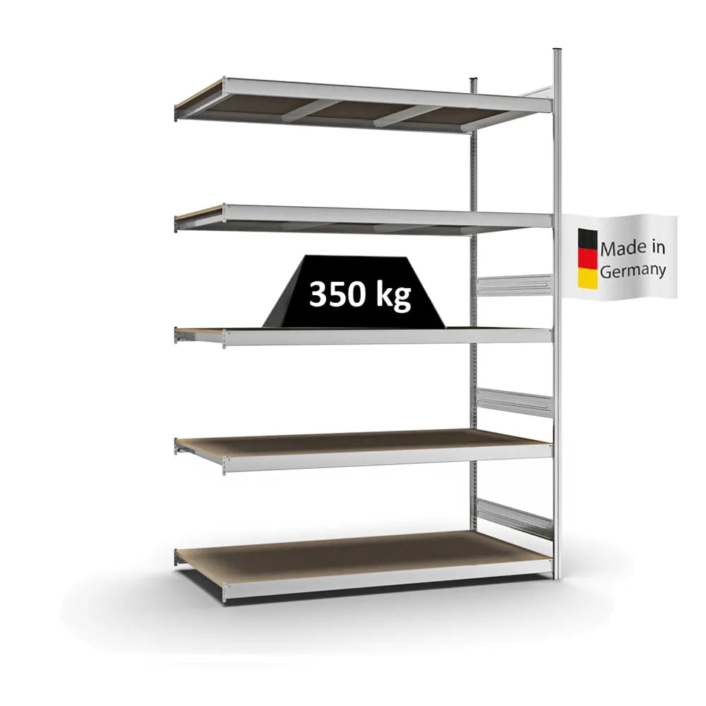 Weitspannregal Stecksystem T-Profil | Anbauregal | HxBxT 300x200x80cm | 5 Ebenen | Spanplatten-Fachboden | Fachlast 350kg | Verzinkt