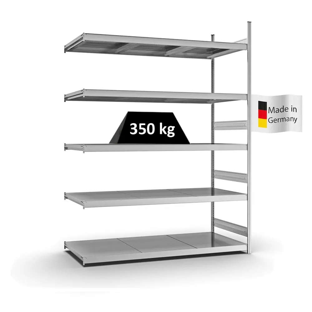 Weitspannregal Stecksystem T-Profil | Anbauregal | HxBxT 300x225x80cm | 5 Ebenen | Stahlplatten-Fachboden | Fachlast 350kg | Verzinkt