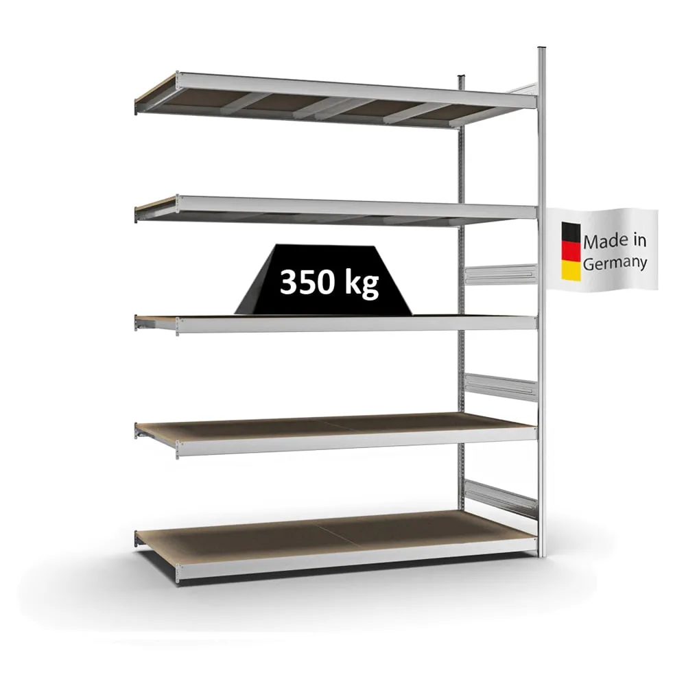 Weitspannregal Stecksystem T-Profil | Anbauregal | HxBxT 300x225x80cm | 5 Ebenen | Spanplatten-Fachboden | Fachlast 350kg | Verzinkt