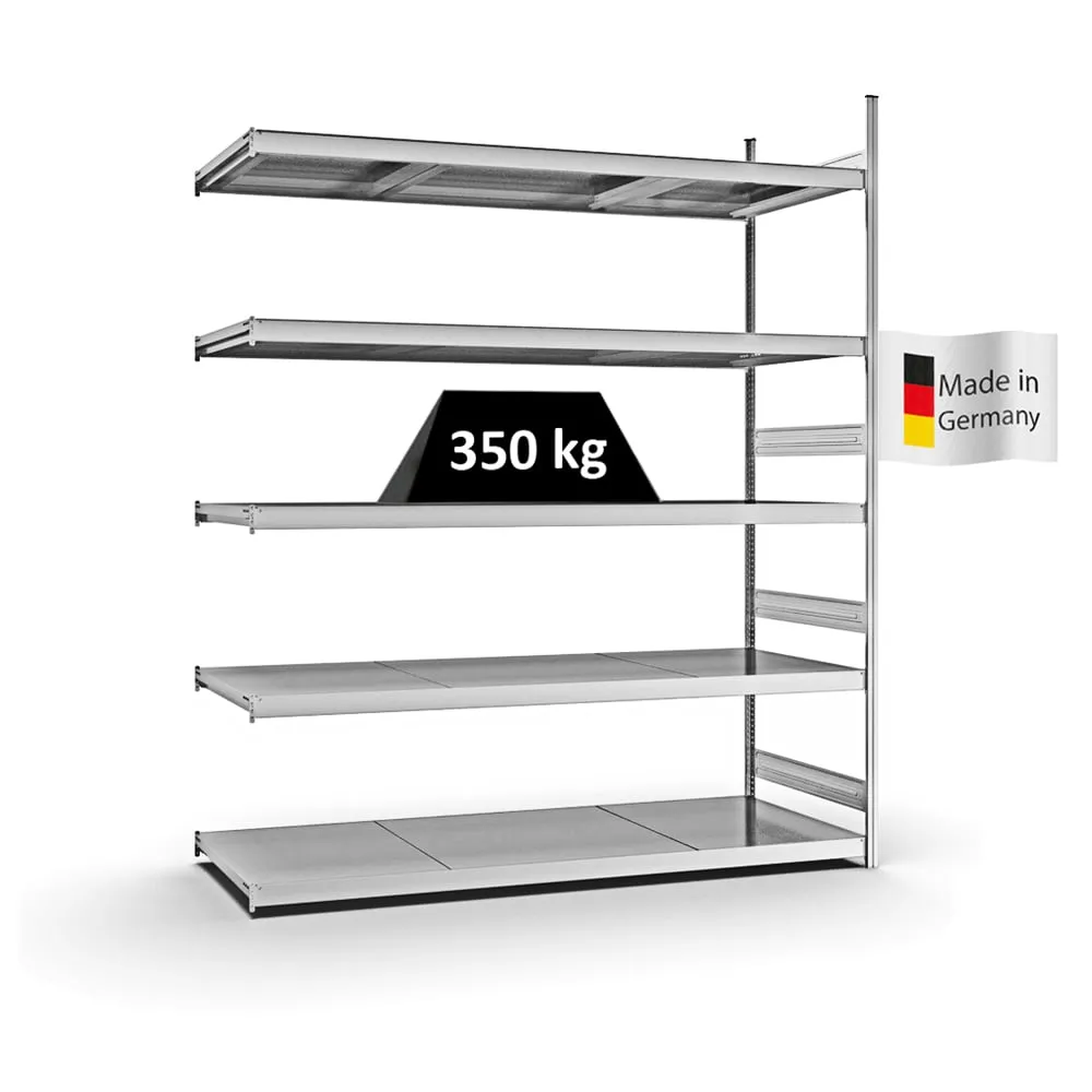 Weitspannregal Stecksystem T-Profil | Anbauregal | HxBxT 300x250x80cm | 5 Ebenen | Stahlplatten-Fachboden | Fachlast 350kg | Verzinkt