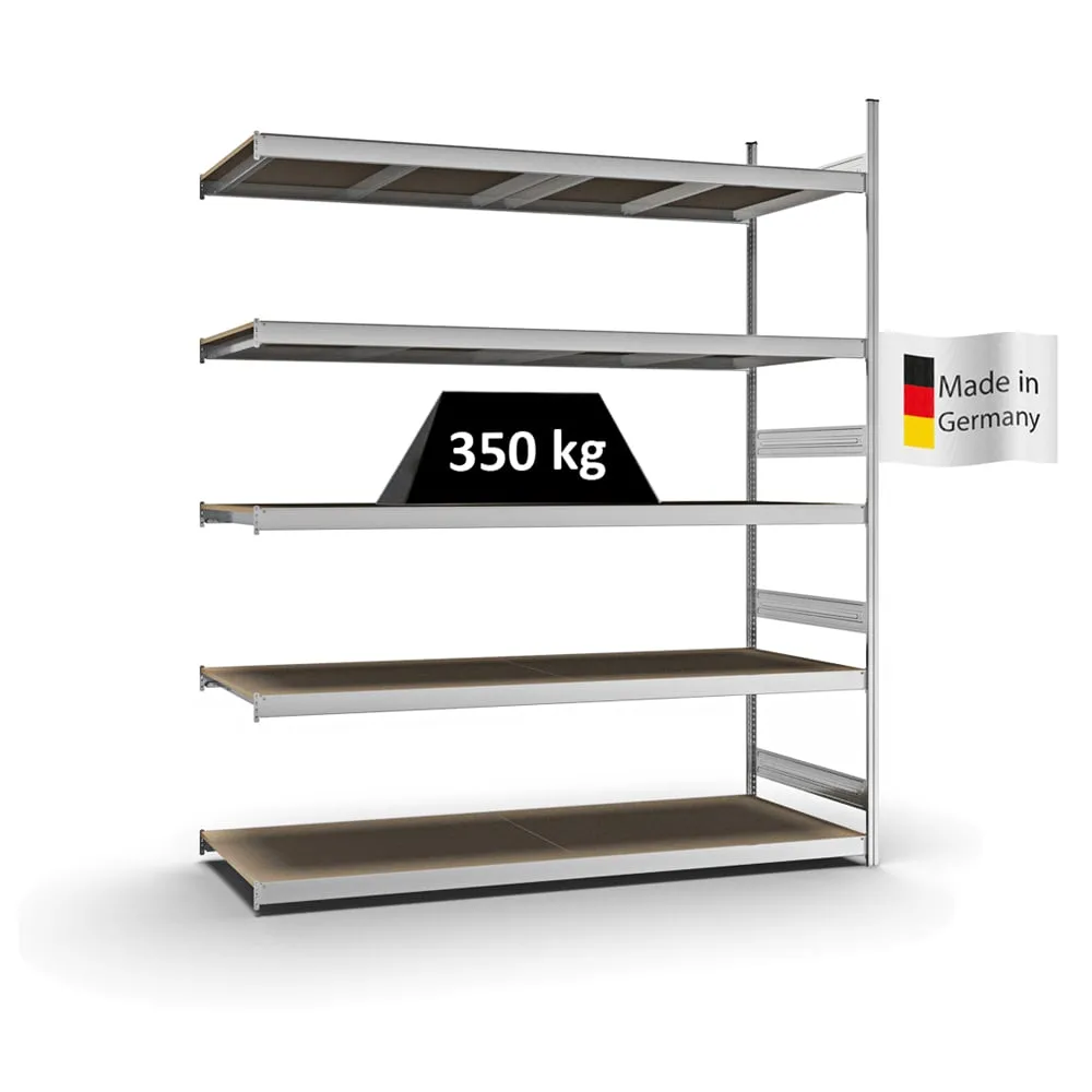 Weitspannregal Stecksystem T-Profil | Anbauregal | HxBxT 300x250x80cm | 5 Ebenen | Spanplatten-Fachboden | Fachlast 350kg | Verzinkt