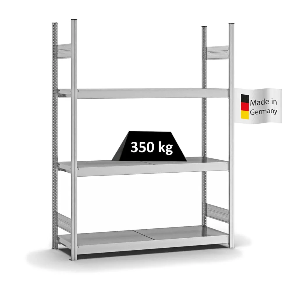 Weitspannregal Stecksystem T-Profil | Grundregal | HxBxT 200x150x40cm | 3 Ebenen | Stahlplatten-Fachboden | Fachlast 350kg | Verzinkt