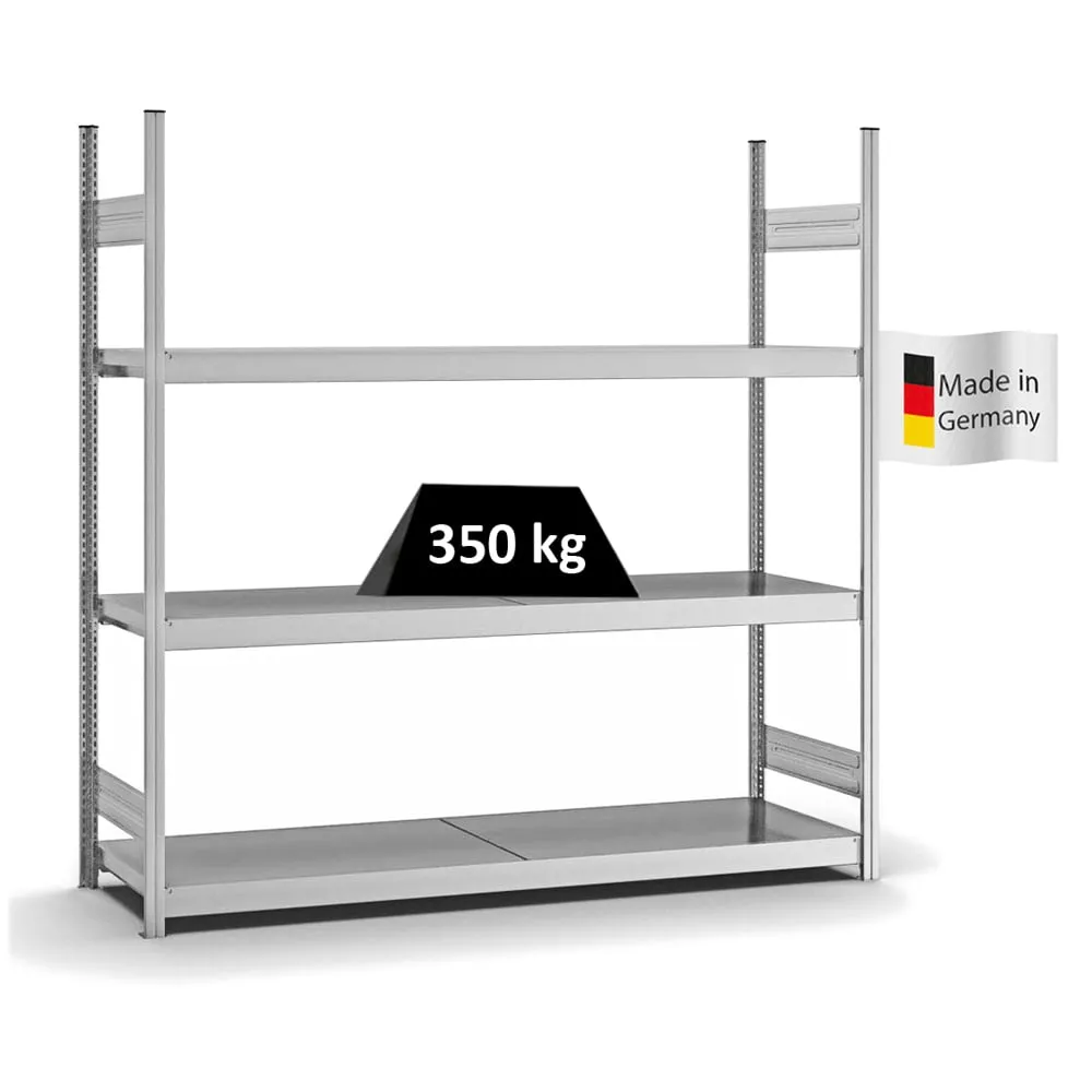 Weitspannregal Stecksystem T-Profil | Grundregal | HxBxT 200x200x50cm | 3 Ebenen | Stahlplatten-Fachboden | Fachlast 350kg | Verzinkt