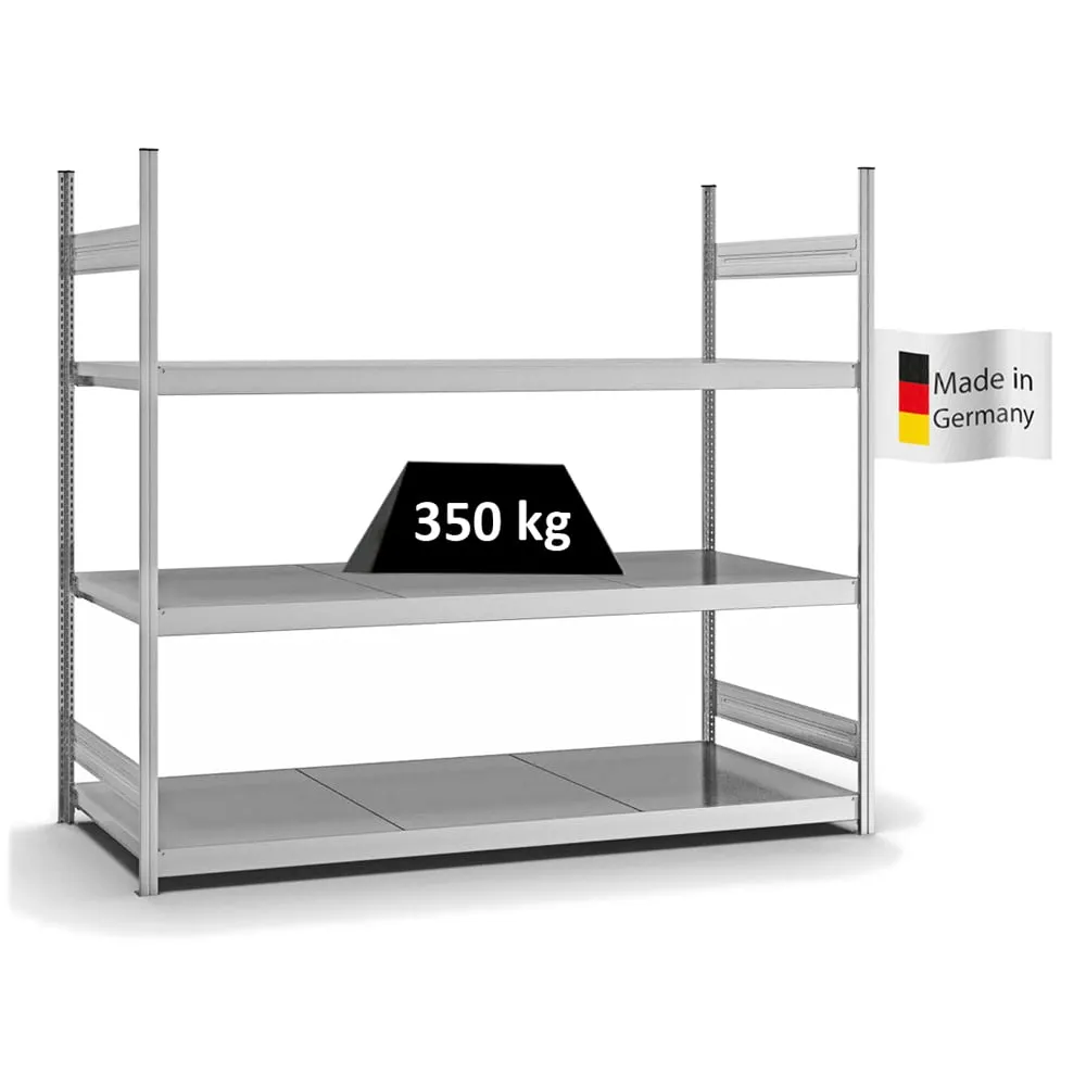 Weitspannregal Stecksystem T-Profil | Grundregal | HxBxT 200x225x80cm | 3 Ebenen | Stahlplatten-Fachboden | Fachlast 350kg | Verzinkt