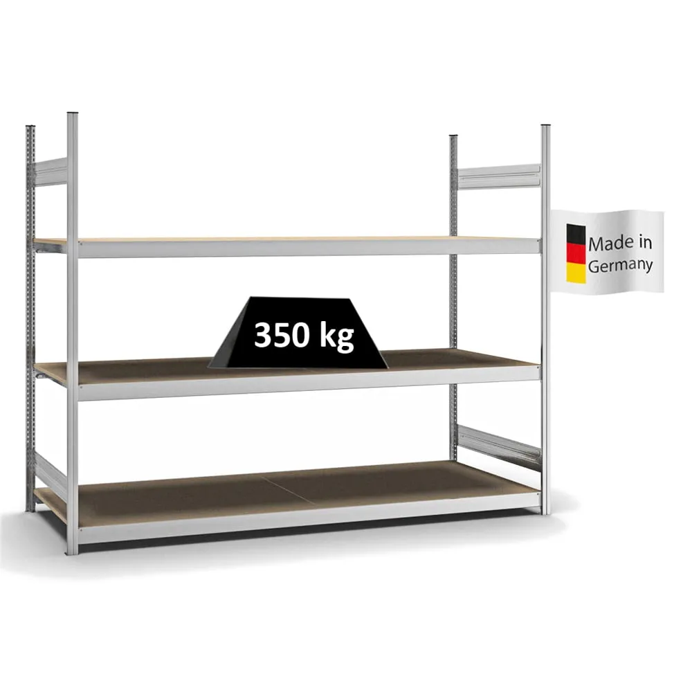 Weitspannregal Stecksystem T-Profil | Grundregal | HxBxT 200x250x80cm | 3 Ebenen | Spanplatten-Fachboden | Fachlast 350kg | Verzinkt
