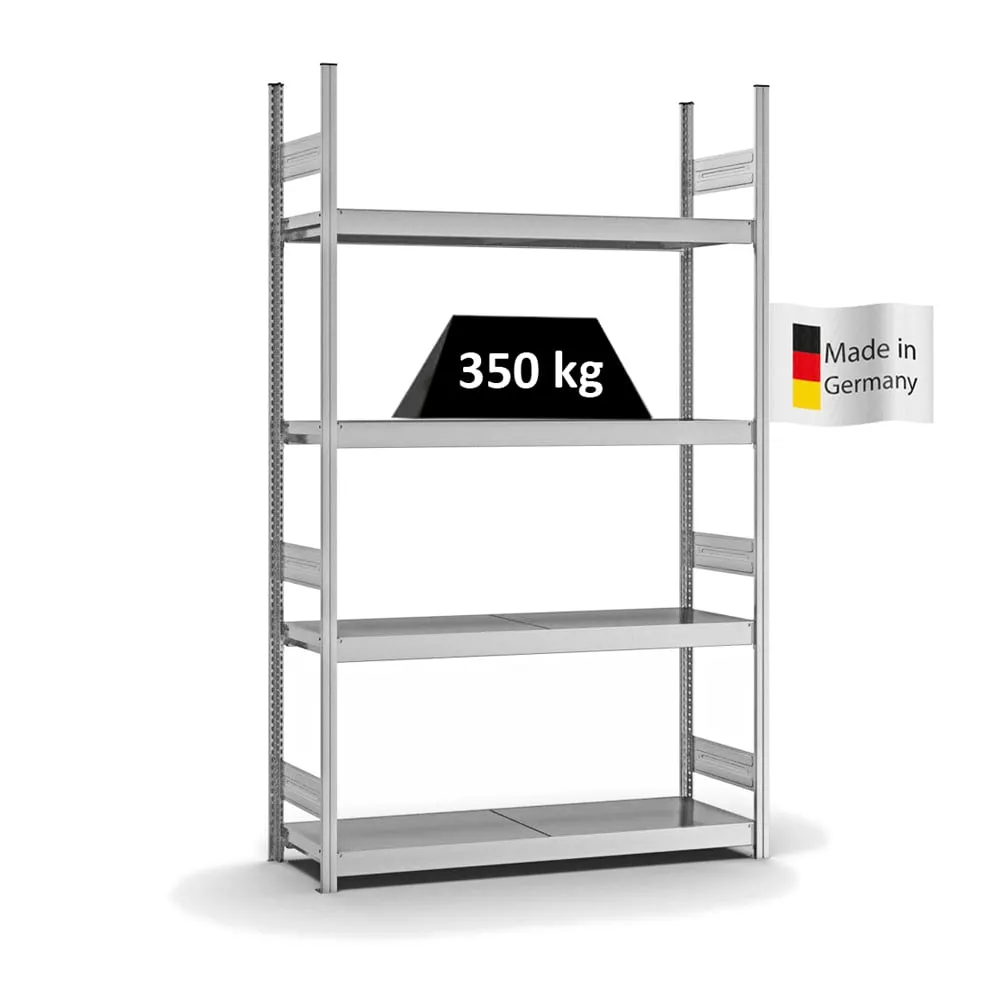 Weitspannregal Stecksystem T-Profil | Grundregal | HxBxT 250x150x40cm | 4 Ebenen | Stahlplatten-Fachboden | Fachlast 350kg | Verzinkt