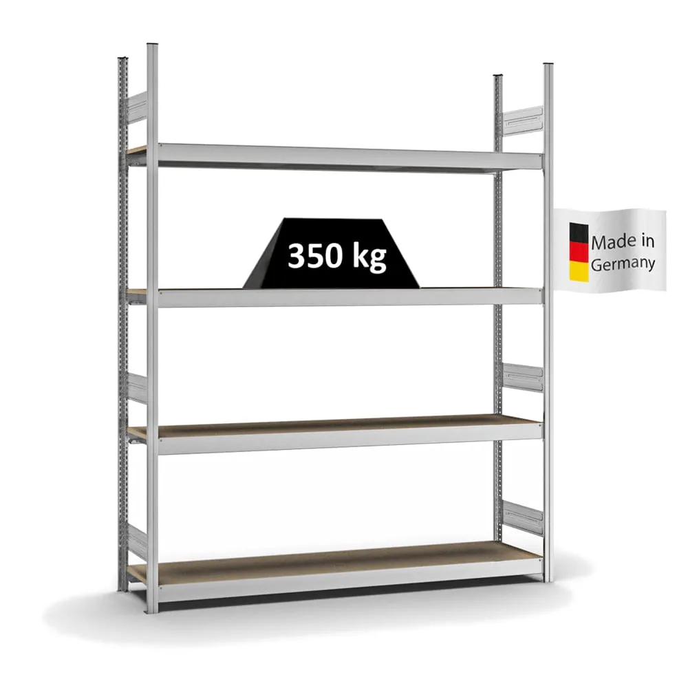 Weitspannregal Stecksystem T-Profil | Grundregal | HxBxT 250x200x40cm | 4 Ebenen | Spanplatten-Fachboden | Fachlast 350kg | Verzinkt