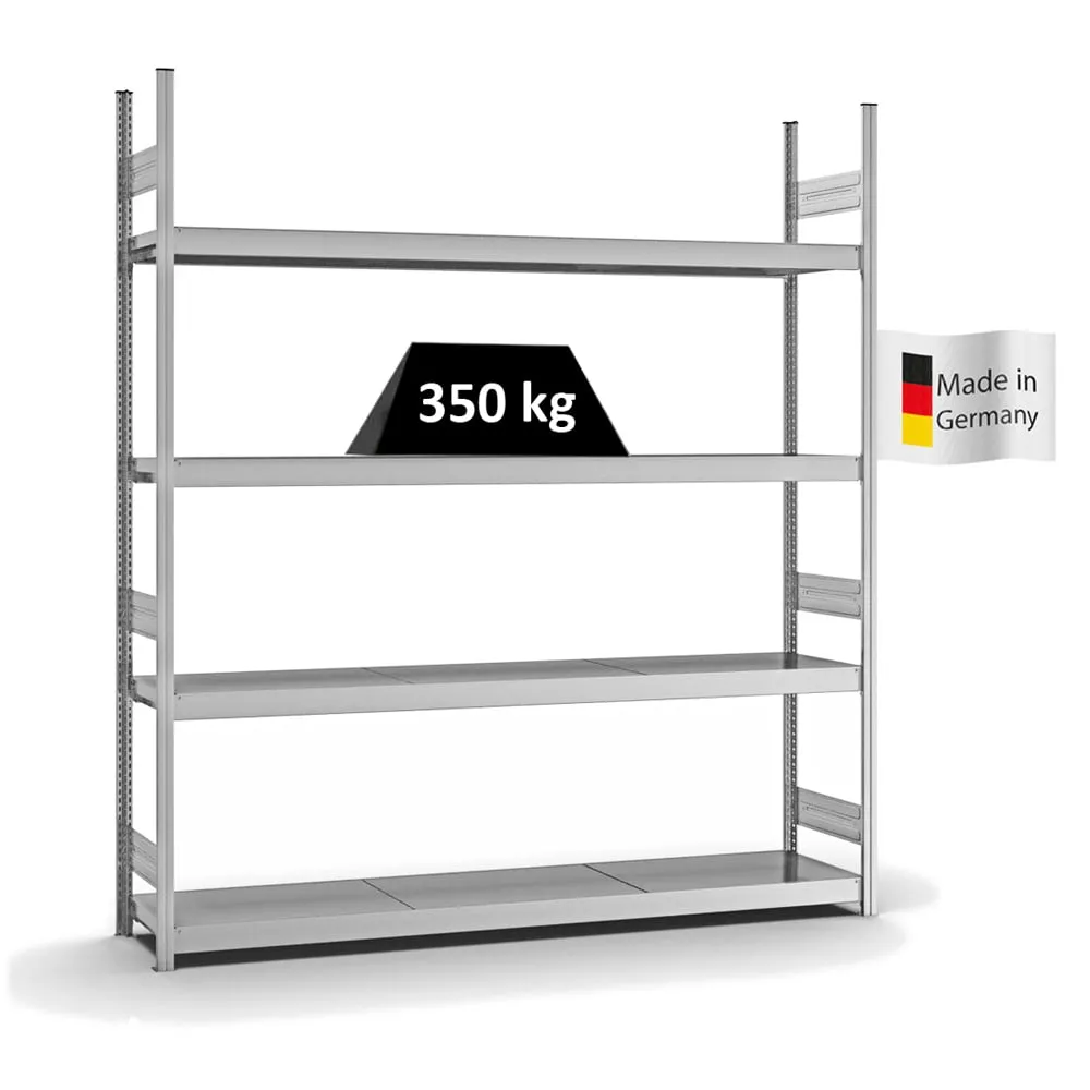 Weitspannregal Stecksystem T-Profil | Grundregal | HxBxT 250x225x40cm | 4 Ebenen | Stahlplatten-Fachboden | Fachlast 350kg | Verzinkt