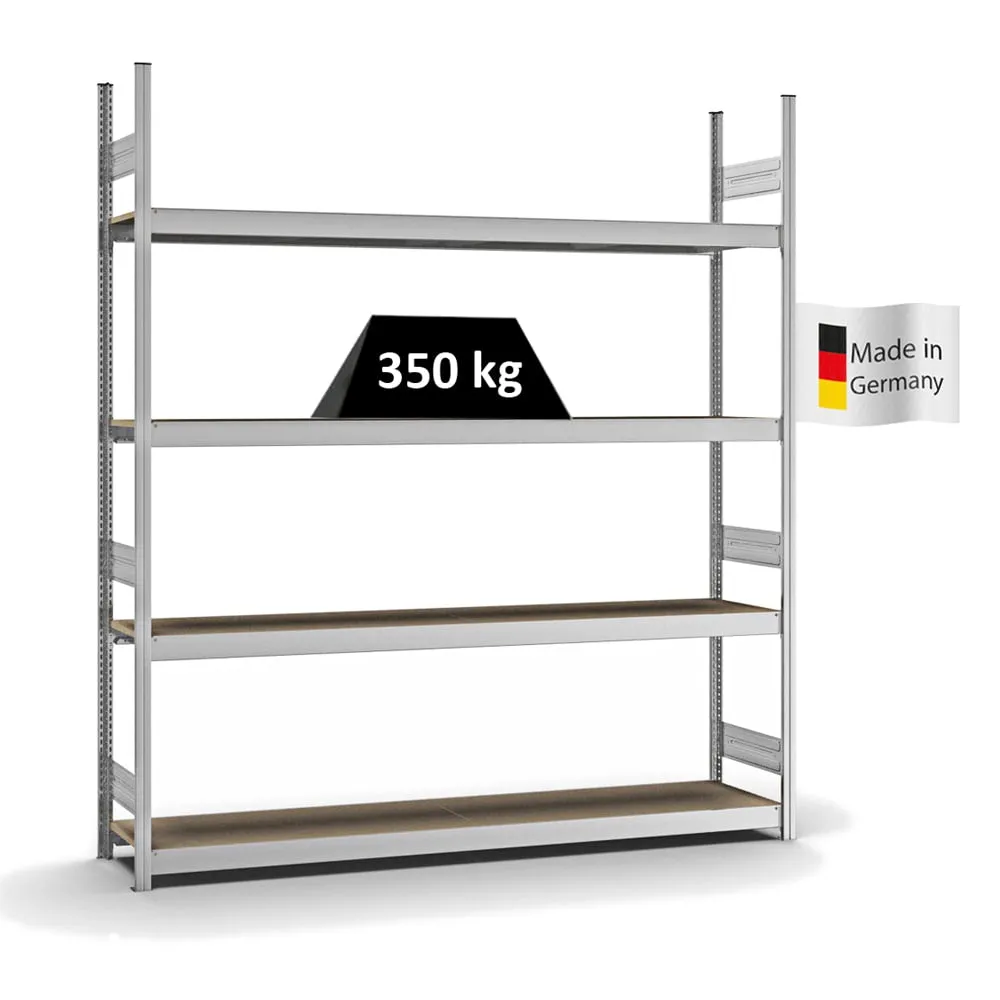 Weitspannregal Stecksystem T-Profil | Grundregal | HxBxT 250x225x40cm | 4 Ebenen | Spanplatten-Fachboden | Fachlast 350kg | Verzinkt