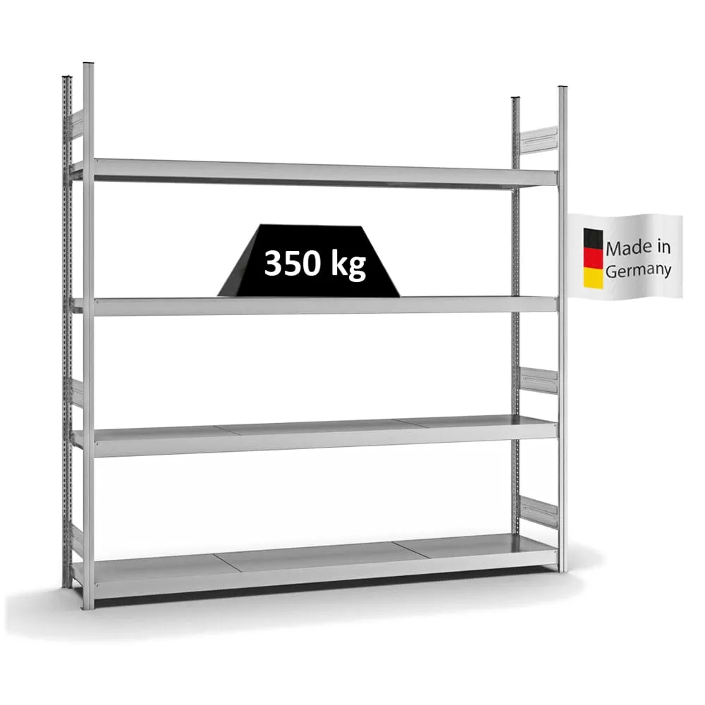 Weitspannregal Stecksystem T-Profil | Grundregal | HxBxT 250x250x40cm | 4 Ebenen | Stahlplatten-Fachboden | Fachlast 350kg | Verzinkt