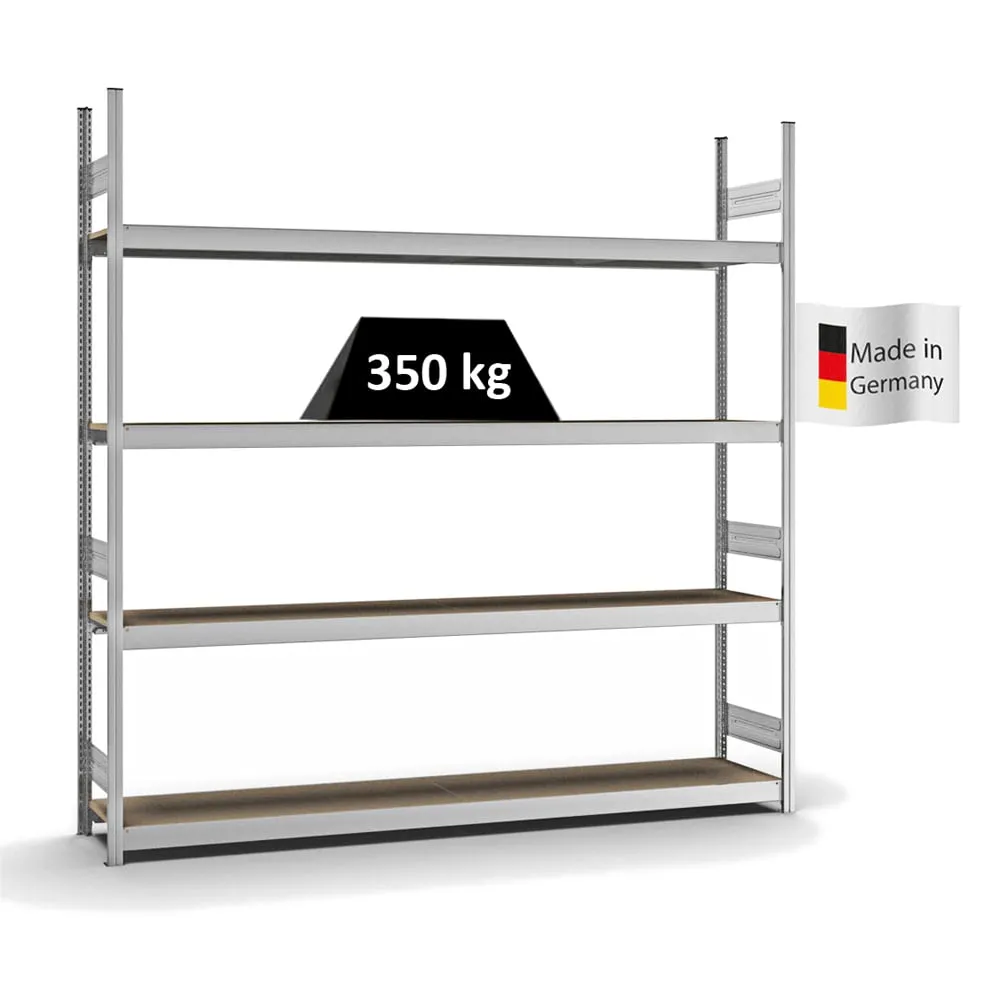 Weitspannregal Stecksystem T-Profil | Grundregal | HxBxT 250x250x40cm | 4 Ebenen | Spanplatten-Fachboden | Fachlast 350kg | Verzinkt