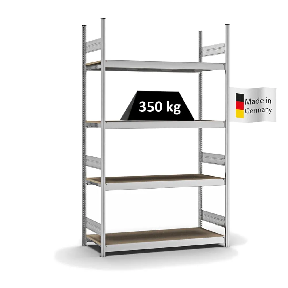 Weitspannregal Stecksystem T-Profil | Grundregal | HxBxT 250x150x50cm | 4 Ebenen | Spanplatten-Fachboden | Fachlast 350kg | Verzinkt