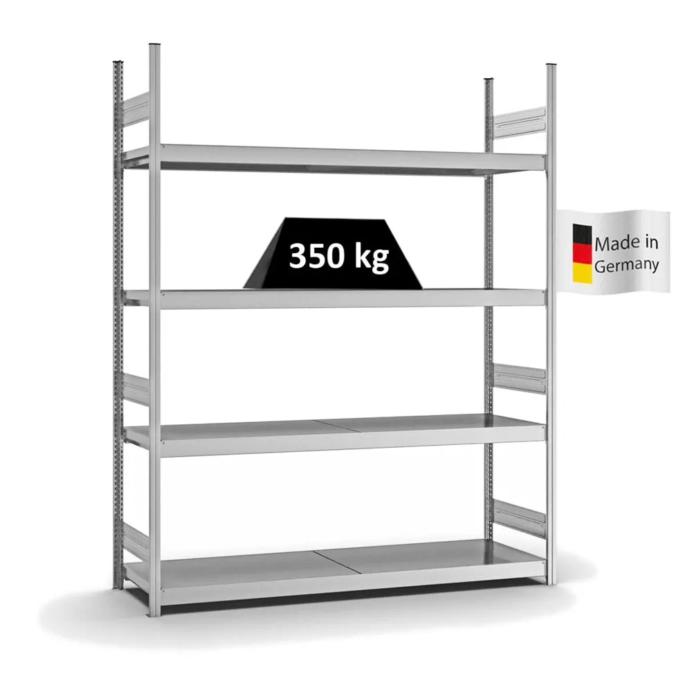 Weitspannregal Stecksystem T-Profil | Grundregal | HxBxT 250x200x50cm | 4 Ebenen | Stahlplatten-Fachboden | Fachlast 350kg | Verzinkt