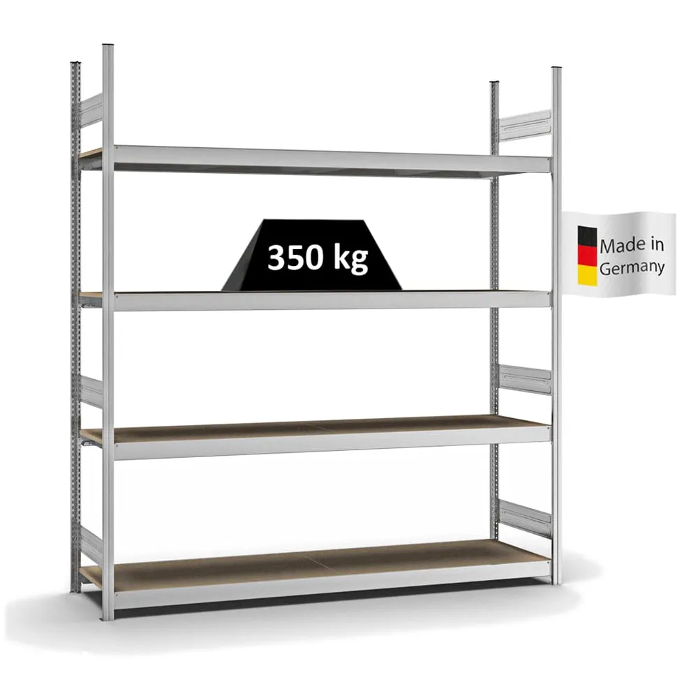 Weitspannregal Stecksystem T-Profil | Grundregal | HxBxT 250x225x50cm | 4 Ebenen | Spanplatten-Fachboden | Fachlast 350kg | Verzinkt