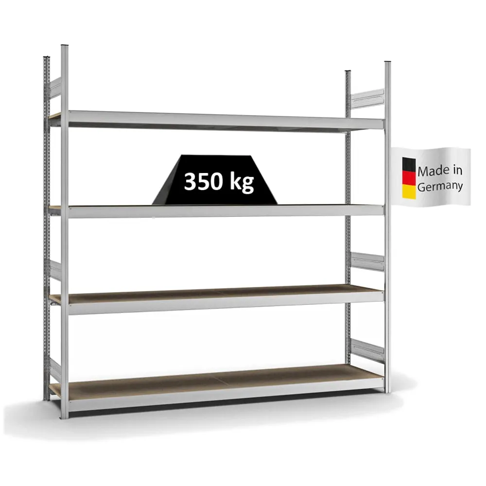 Weitspannregal Stecksystem T-Profil | Grundregal | HxBxT 250x250x50cm | 4 Ebenen | Spanplatten-Fachboden | Fachlast 350kg | Verzinkt