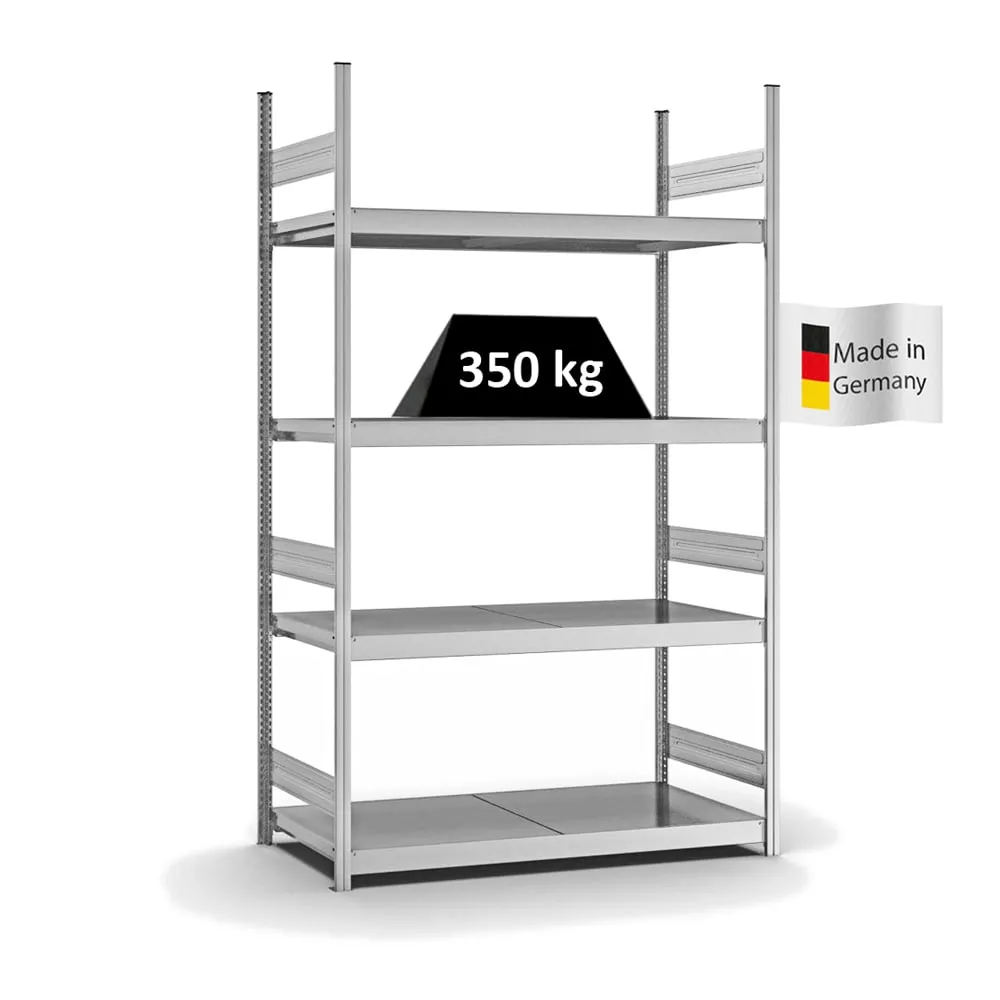 Weitspannregal Stecksystem T-Profil | Grundregal | HxBxT 250x150x60cm | 4 Ebenen | Stahlplatten-Fachboden | Fachlast 350kg | Verzinkt
