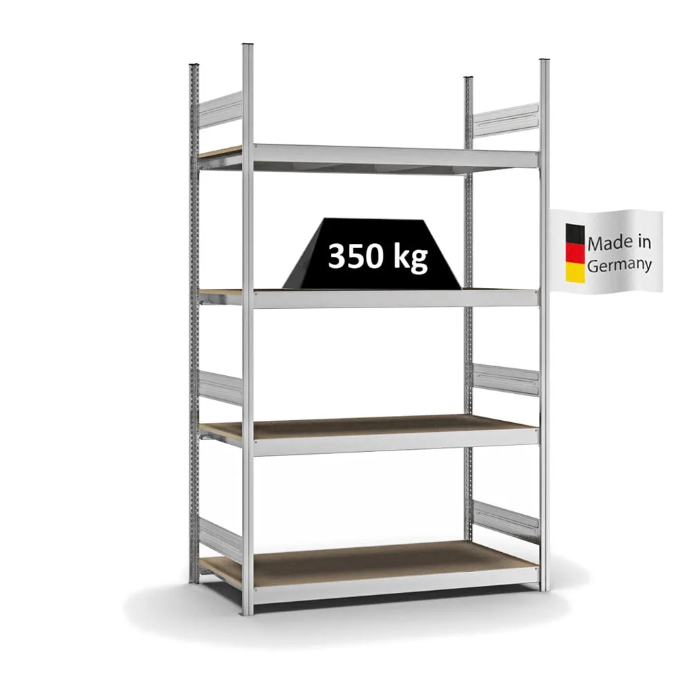 Weitspannregal Stecksystem T-Profil | Grundregal | HxBxT 250x150x60cm | 4 Ebenen | Spanplatten-Fachboden | Fachlast 350kg | Verzinkt