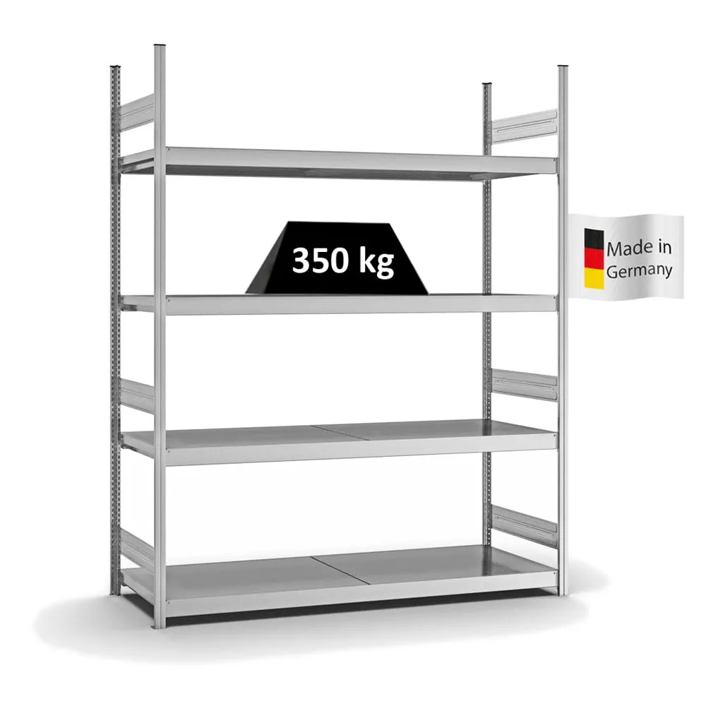 Weitspannregal Stecksystem T-Profil | Grundregal | HxBxT 250x200x60cm | 4 Ebenen | Stahlplatten-Fachboden | Fachlast 350kg | Verzinkt