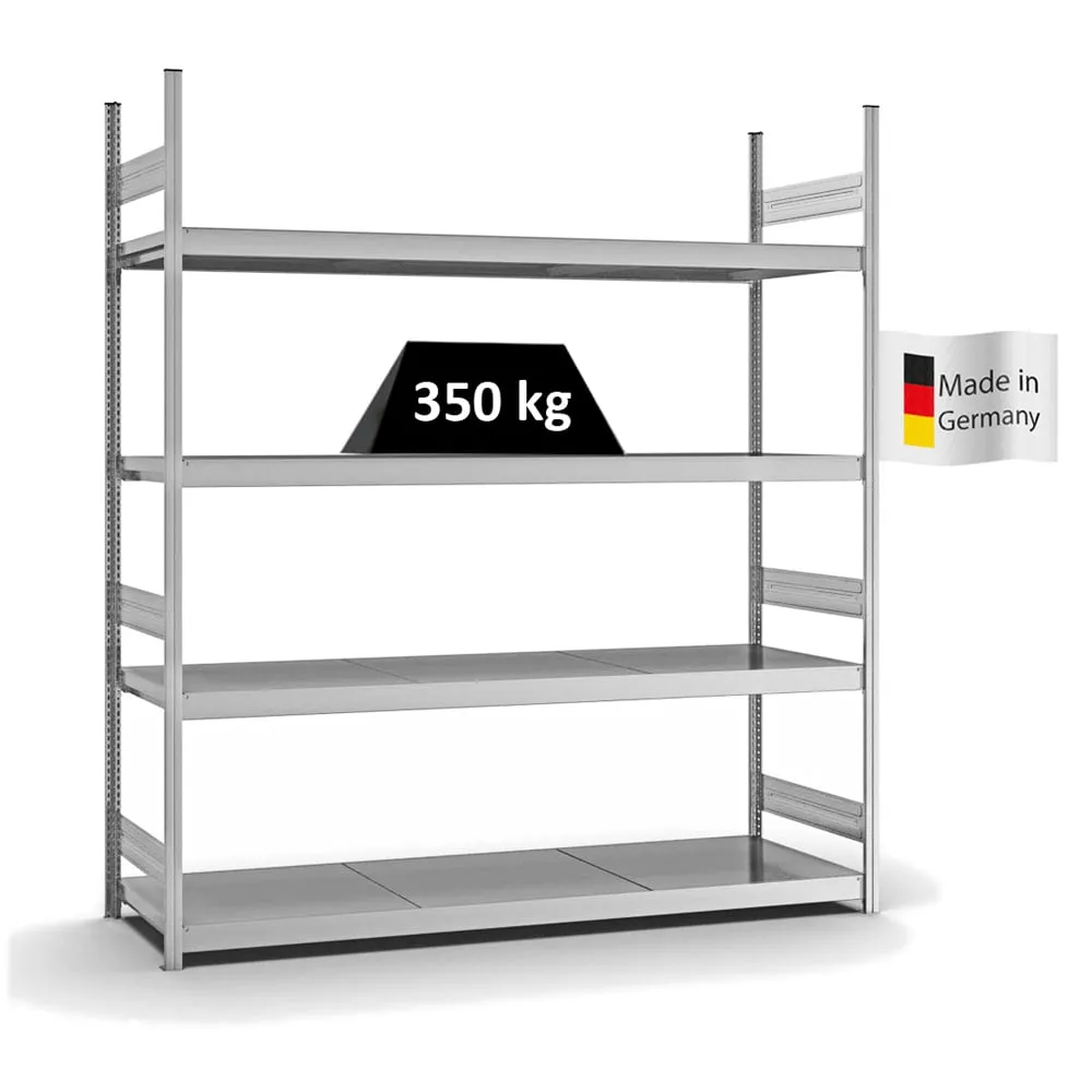 Weitspannregal Stecksystem T-Profil | Grundregal | HxBxT 250x225x60cm | 4 Ebenen | Stahlplatten-Fachboden | Fachlast 350kg | Verzinkt