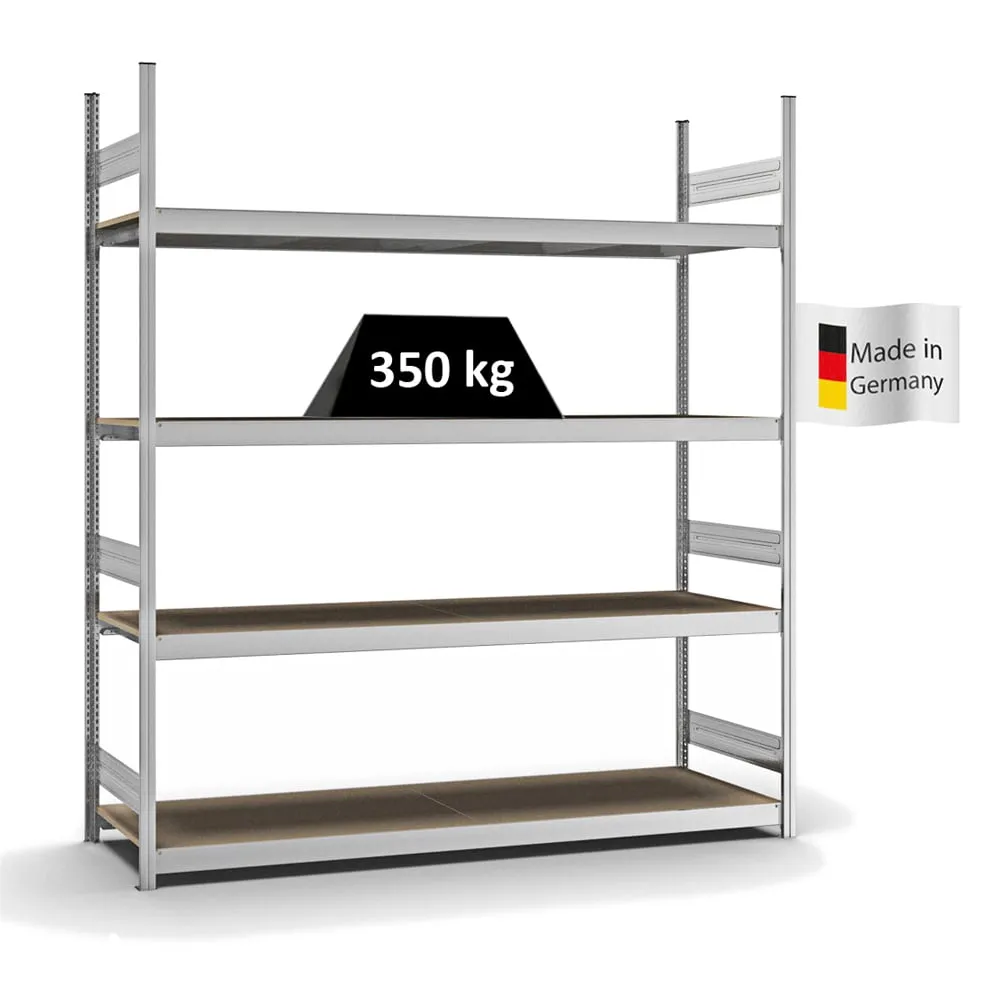 Weitspannregal Stecksystem T-Profil | Grundregal | HxBxT 250x225x60cm | 4 Ebenen | Spanplatten-Fachboden | Fachlast 350kg | Verzinkt