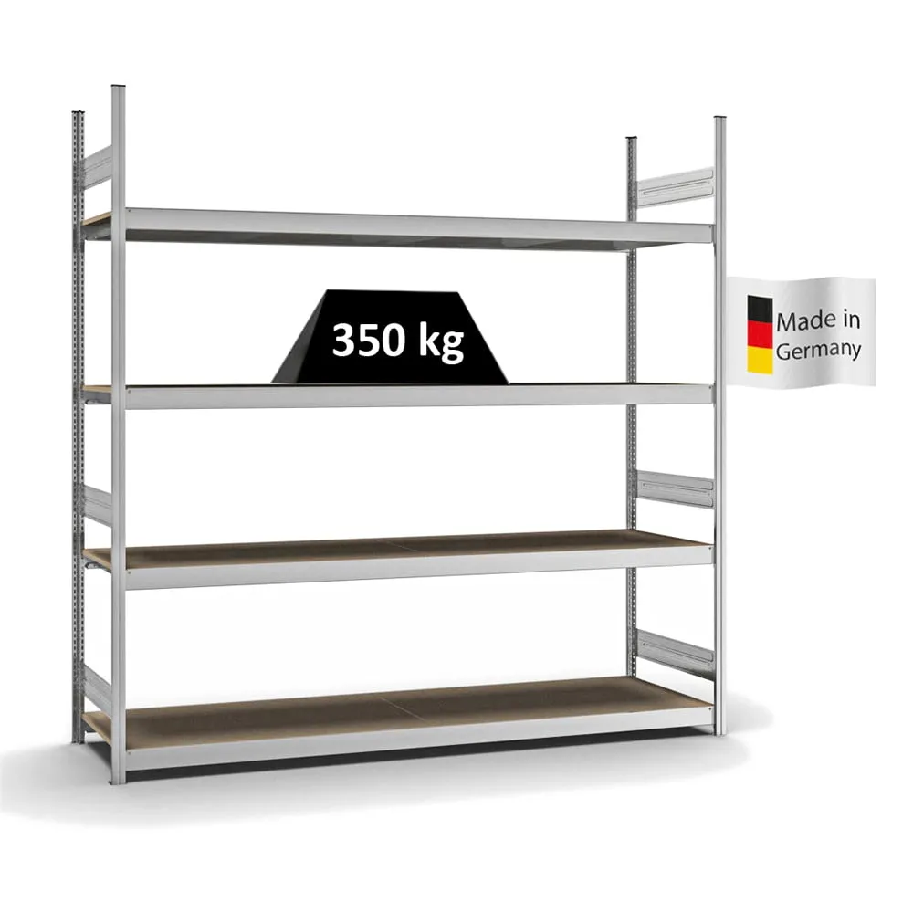 Weitspannregal Stecksystem T-Profil | Grundregal | HxBxT 250x250x60cm | 4 Ebenen | Spanplatten-Fachboden | Fachlast 350kg | Verzinkt